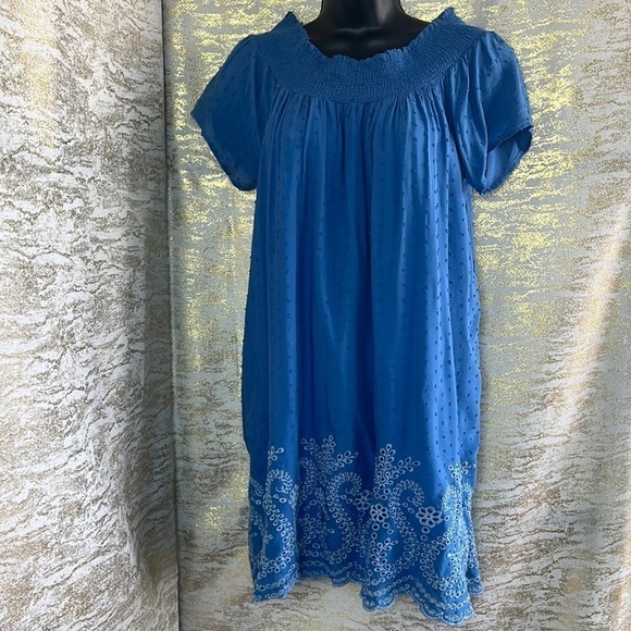 En Creme Blue Embroidered Off The Shoulder Mini Dress Size L - Picture 3 of 15